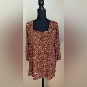 Susan Graver Brown Black White Square Neck Tunic Blouse Top Size LP